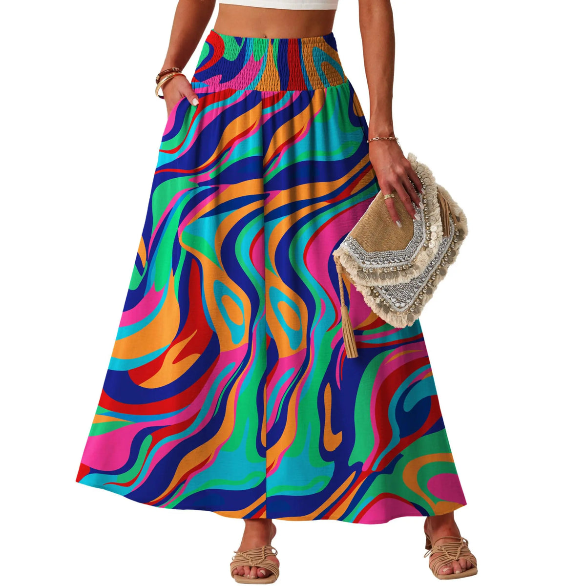 Lepunuo Maxi Skirts for Women Smocked Elastic High Waisted Casual Boho Swing Pleated Beach Long Skirts with Pockets