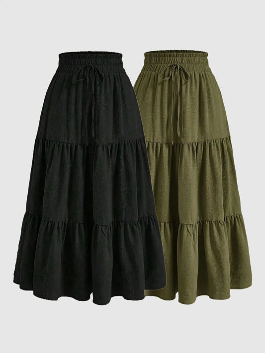 Women's 2 Piece Casual Drawstring Layered Ruffles Fitted Layered Ruffles Long Skirts, Thin Woven Fabric Lightweight Plain All Seasons Wear, Fitted Design Casual Fashion Skirt, Womenswear