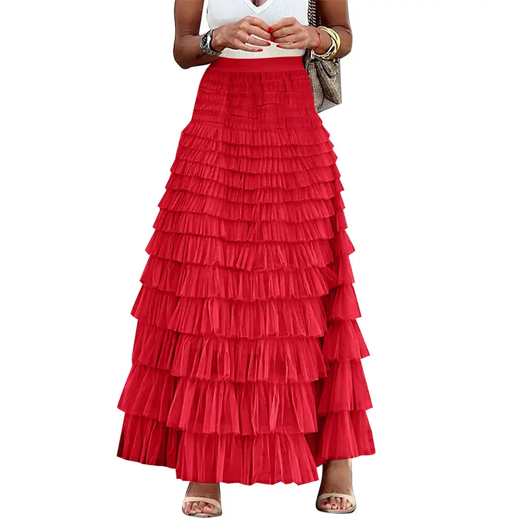 Women's High-Waisted Fitted A-Line Tulle Maxi Skirt - Ruffled Tiered Mesh Tutu Bottom, Elegant Chic Summer Petticoat, Machine Washable Skirt, Machine Washable Skirts,back to school shopping,sohochic