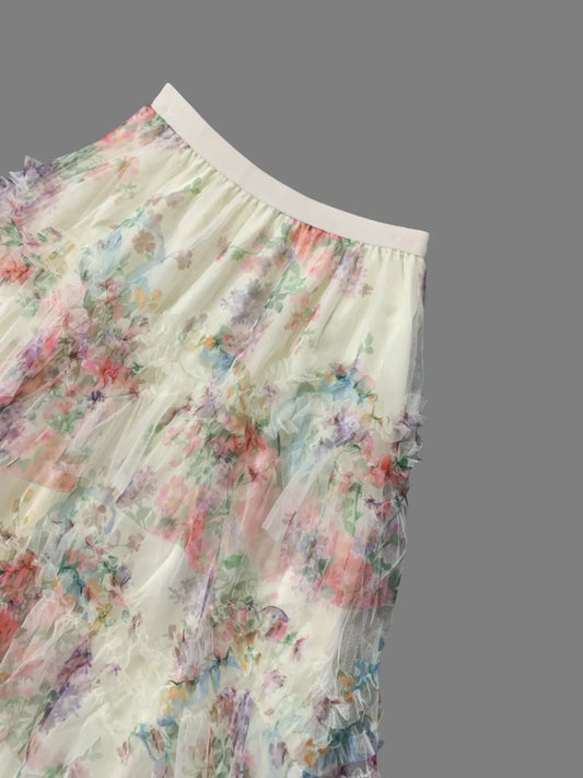 French Vintage Asymmetrical Ruffled Mesh Skirt, New Loose A-Line Ditsy Floral Long Skirt for Women, Casual & Party Wear, Ruffle Trim Skirt