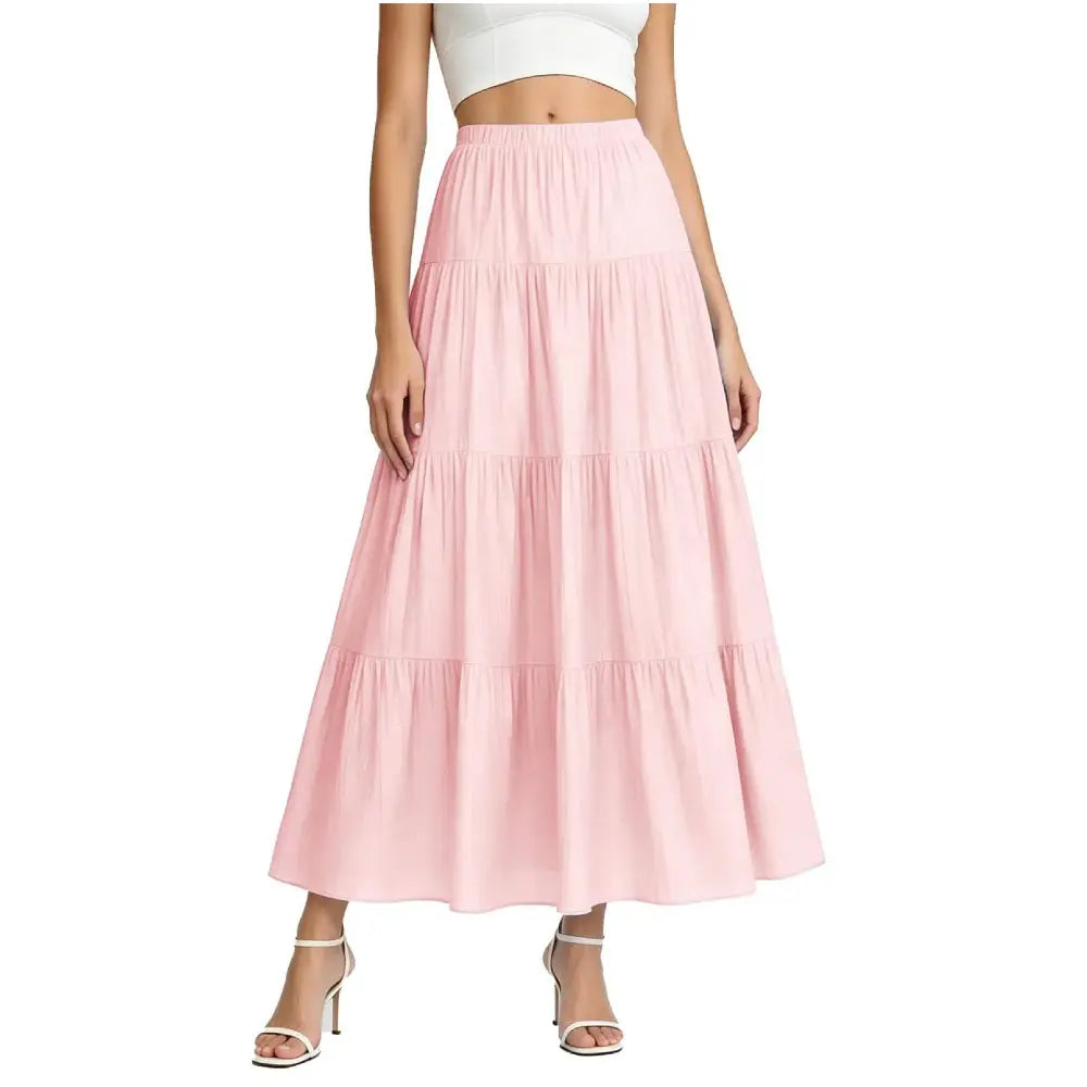 Women's Boho Comfy Solid Maxi Skirt - Elastic High Waist, Flowy Tiered A-Line, Ruffle Pleated Bottoms - Summer Beach Skirts for Women, Spring Soft Style,sohochic