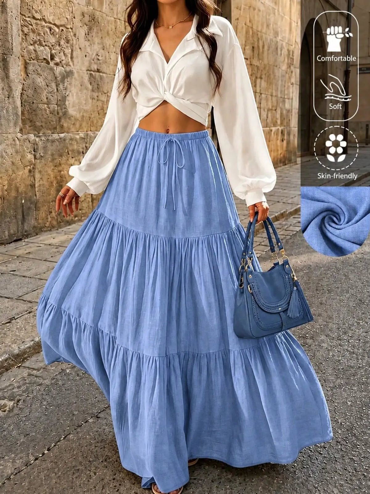 Women's Tiered Maxi Skirt with Drawstring Waist, Non-Stretch Fabric for Casual Daily Wear