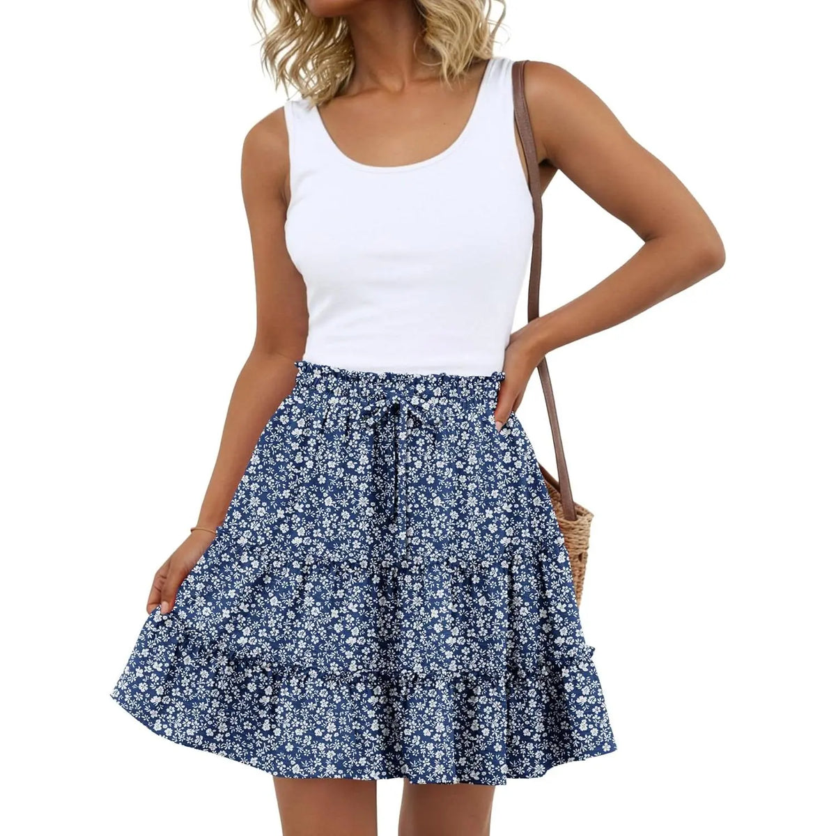 Lepunuo Boho Skirts for Women Flowy Casual Cute Skorts Built-in Shorts Floral Ruffle Tiered Skirts with Pockets