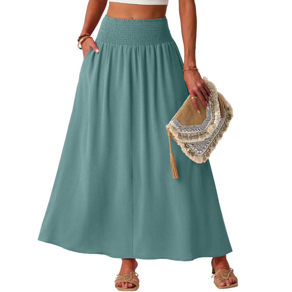 Lepunuo Maxi Skirts for Women Smocked Elastic High Waisted Casual Boho Swing Pleated Beach Long Skirts with Pockets