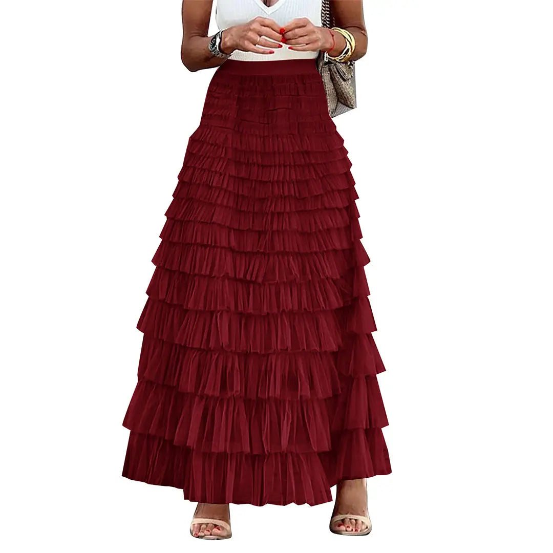 Women's High-Waisted Fitted A-Line Tulle Maxi Skirt - Ruffled Tiered Mesh Tutu Bottom, Elegant Chic Summer Petticoat, Machine Washable Skirt, Machine Washable Skirts,back to school shopping,sohochic