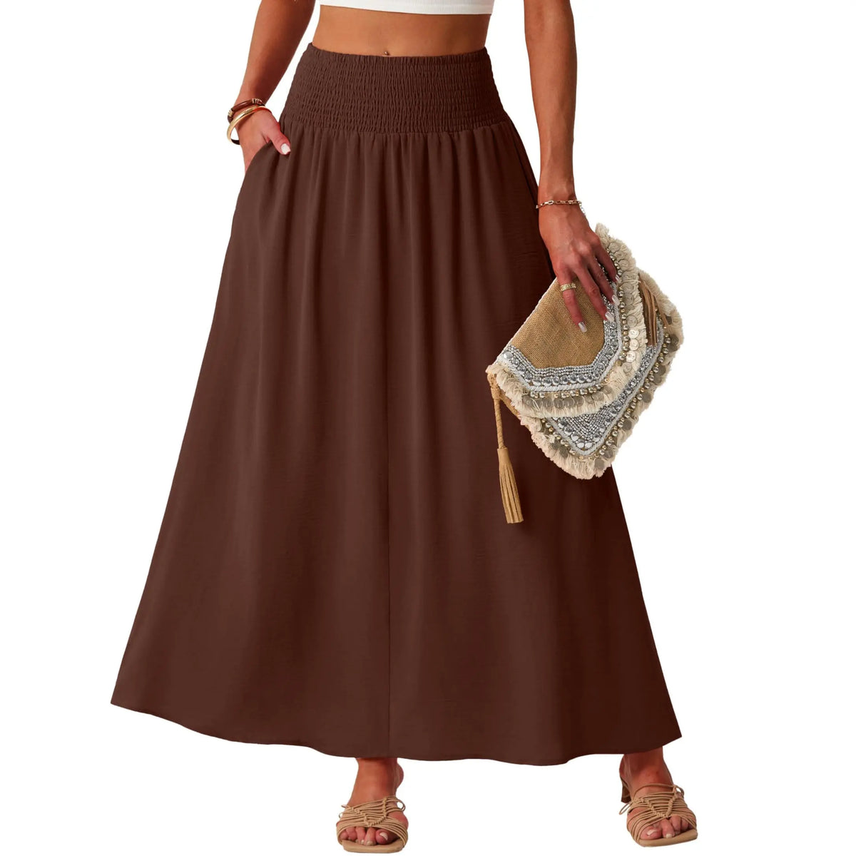 Lepunuo Maxi Skirts for Women Smocked Elastic High Waisted Casual Boho Swing Pleated Beach Long Skirts with Pockets