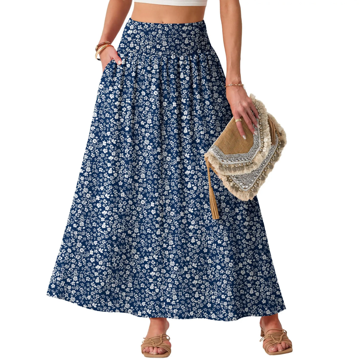 Lepunuo Maxi Skirts for Women Smocked Elastic High Waisted Casual Boho Swing Pleated Beach Long Skirts with Pockets