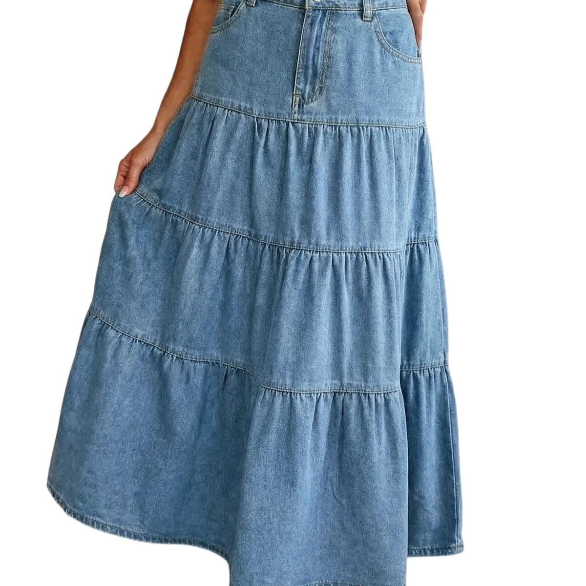EMMIOL Long Denim Skirt for Women - High Waisted A-Line Jean Maxi Skirts Dark Wash Tiered Swing Jean Skirt with Pockets