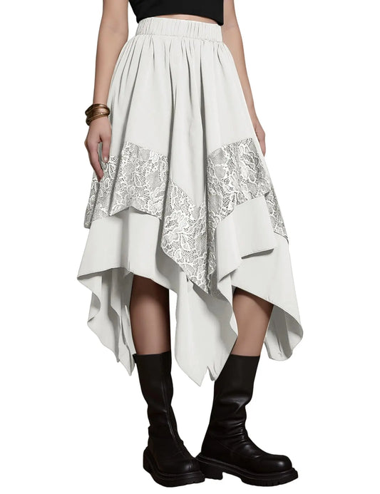 Arssm Womens Renaissance Skirt Lace Tiered Asymmetrical Flowy Fairy Long Skirt High Waist Gothic Midi Skirts
