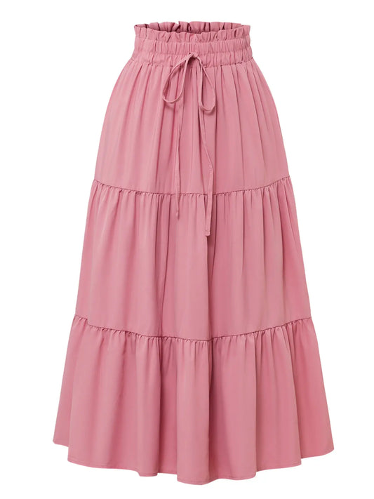 Boho High-Waisted Fishtail Skirt Bottoms, Bohemian Floral Skirt, Plain Color Solid A-Line Midi Dress, Layered Ruffle Hem, Casual Long Skirt for All Seasons