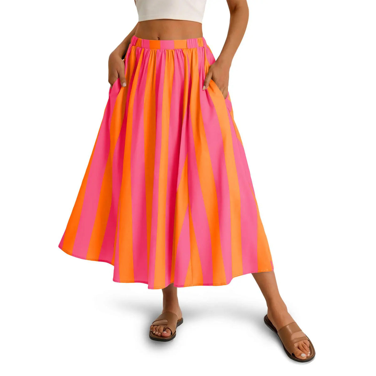 Cicy Bell Womens Summer Striped Maxi Skirts A-Line Elastic Waist Flowy Skirt Beach Vacation Outfits