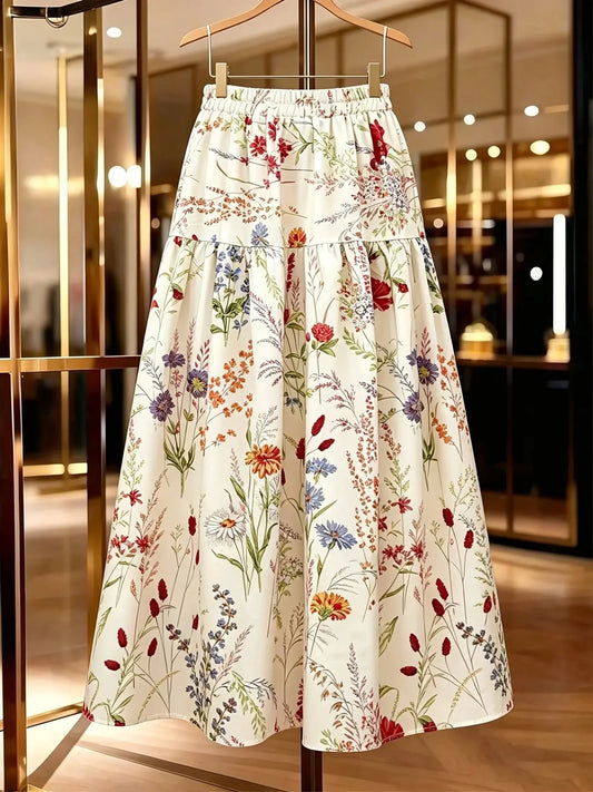 Women's Summer Multicolor Print Elastic Waist Patchwork Bell Long Skirt, Elegant and Versatile, Perfect for Various Occasions