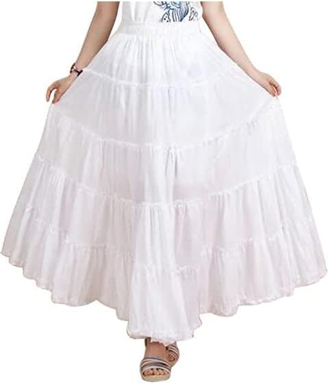 Saukiee Women's Bohemian Elastic Waist Long Skirt Cotton Circle Ruffle Broomstick Peasant Maxi Tiered Skirts
