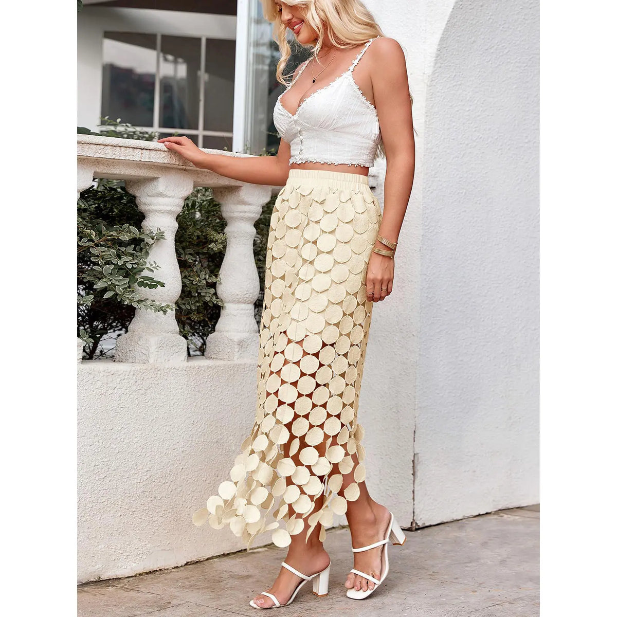 Cicy Bell Womens Hollow Out Maxi Skirts Summer High Waisted Boho Fringe Hem Long Skirt