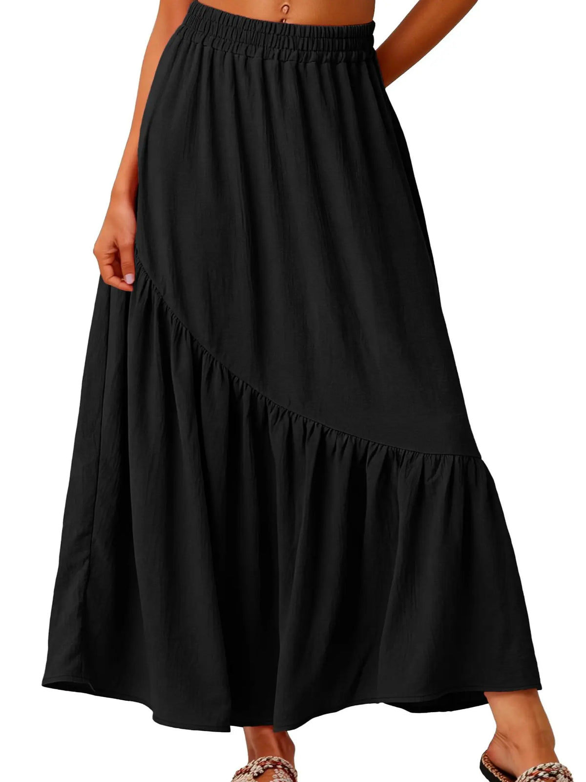 GRECERELLE Women's Boho Maxi Skirt High Waist Pleated A-Line Flowy Swing Asymmetric Tiered Long Skirts with Pockets