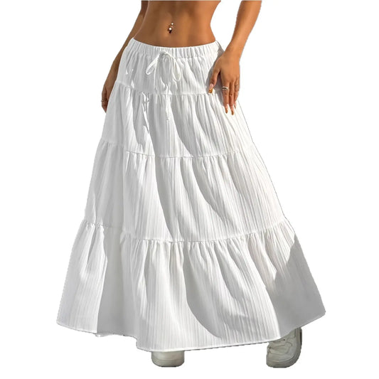 Women's Boho Tiered Maxi Skirt - Elastic High Waist Drawstring, Flowy A-Line, Pleated Ruffle, Lightweight Basic Bottom with Drape & Elegance for Summer Casual Beach Wear, Vintage Fairycore Solid Swing Skirt,sohochic