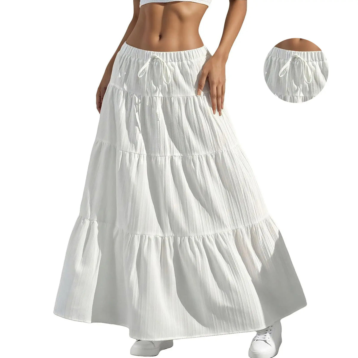 Women's Boho Comfy Solid Maxi Skirt - Elastic High Waist, Flowy Tiered A-Line, Ruffle Pleated Bottoms - Summer Beach Skirts for Women, Spring Soft Style,sohochic