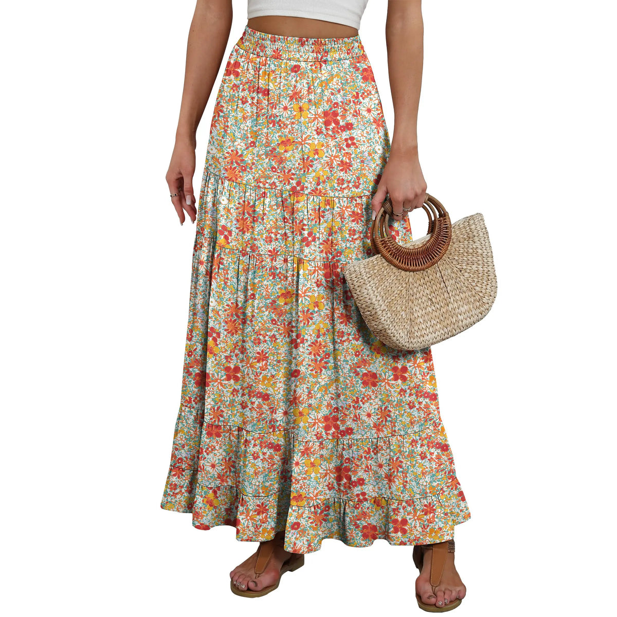 ANRABESS Womens Maxi Skirt Elastic High Waist Swing Tiered A-line Flowy Pleated Boho Beach Vacation Long Skirts Summer Fit