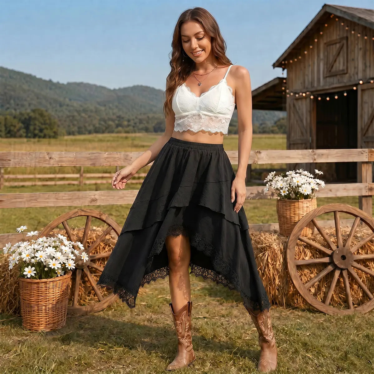 Florboom Women's Boho High Waist Tiered Midi Skirt Flowy High Low Lace Trim Midi Skirt Elastic Waist Ruffle Layered A-Line Summer Beach Western Country Skirt
