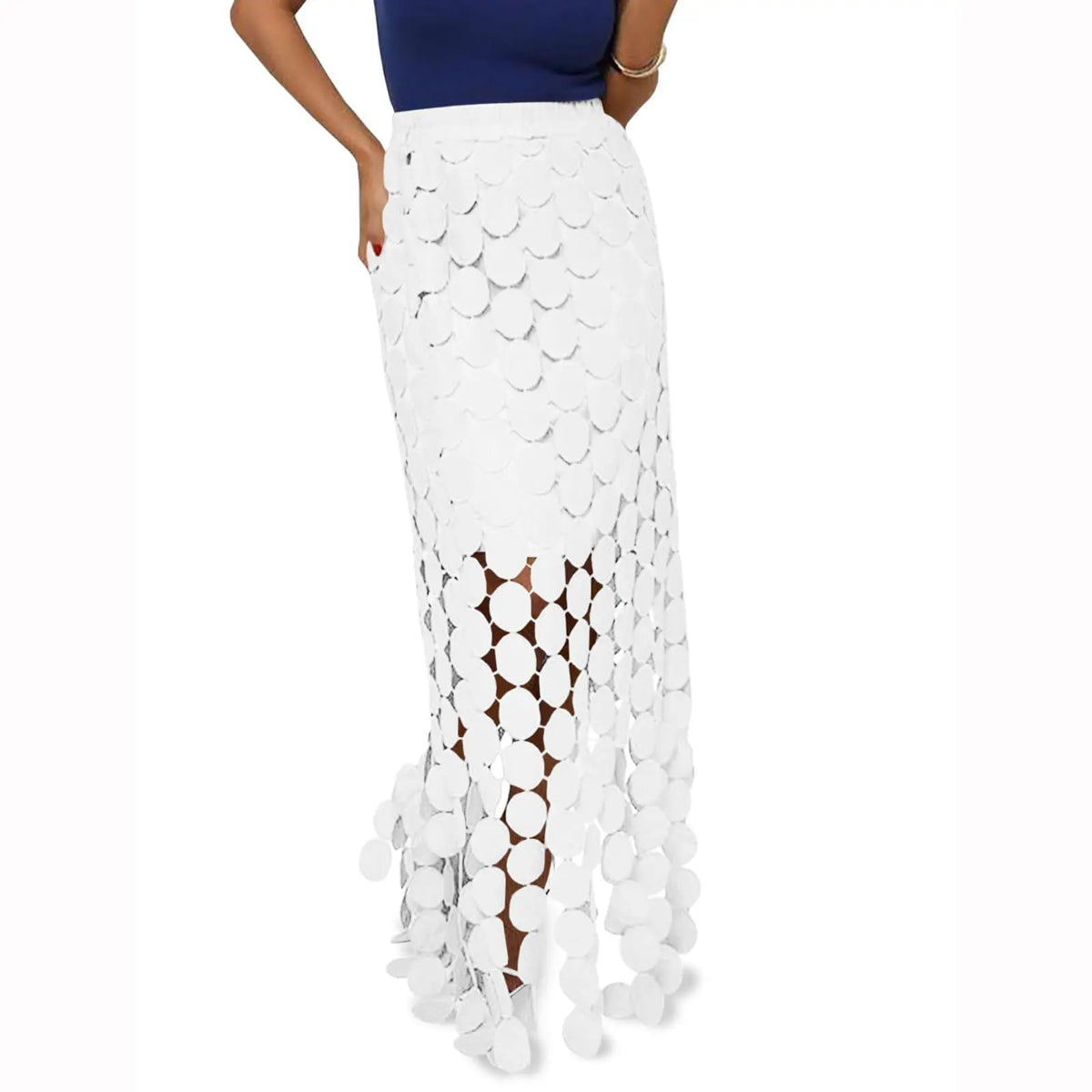 Cicy Bell Womens Hollow Out Maxi Skirts Summer High Waisted Boho Fringe Hem Long Skirt