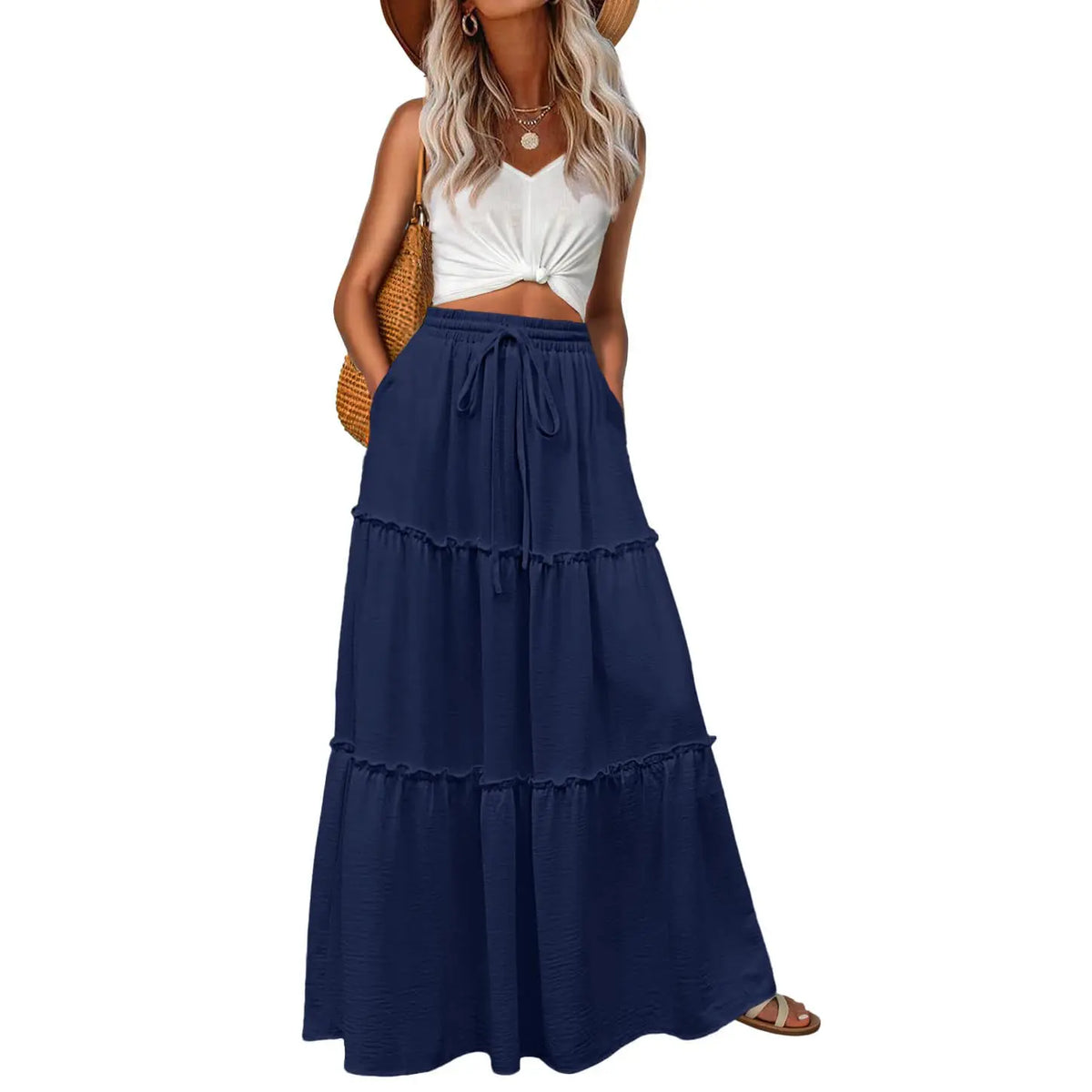 Lepunuo Womens Casual Boho High Waisted Flowy Maxi Skirts Tiered Floral Long Skirts with Pockets for Summer Beach Vacation