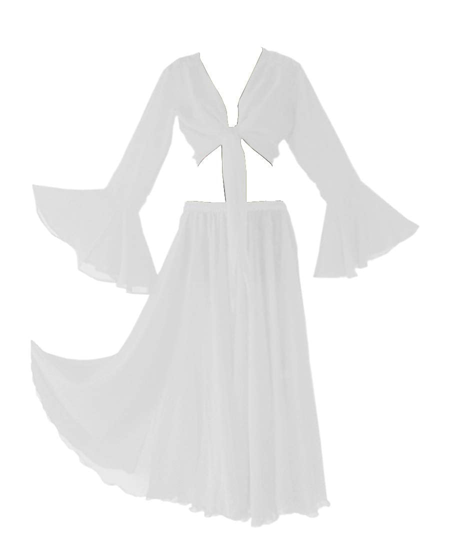 Indian Trendy Womens Chiffon Belly Dance Full Circle Skirt Ruffle Top Set Costume Dress