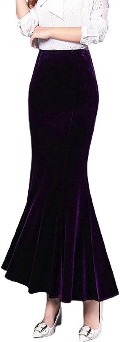 ebossy Women's High Waist Bodycon Velvet Fishtail Mermaid Maxi Skirt Evening Party