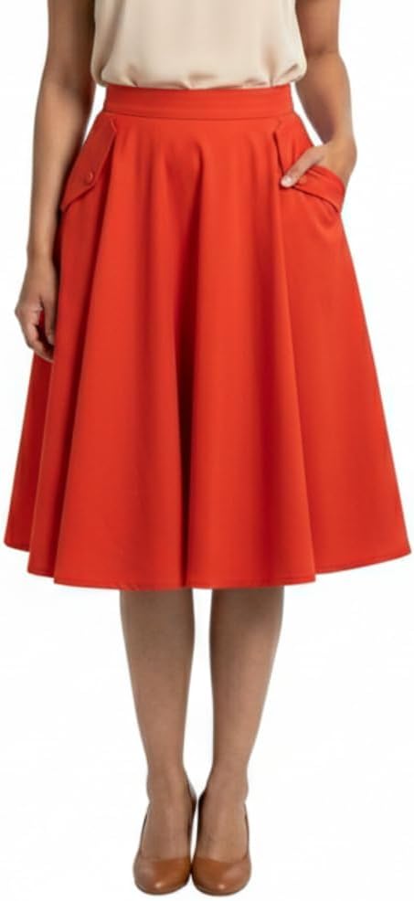 Tatyana Delilah Circle Skirt, Cotton Blend, Vintage Style with Patch Pockets, Full Circle Design, Camel or Red, XS-4X