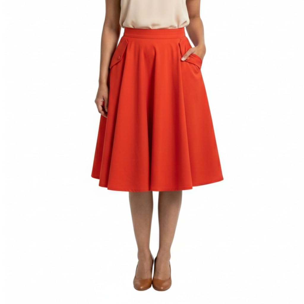 Tatyana Delilah Circle Skirt, Cotton Blend, Vintage Style with Patch Pockets, Full Circle Design, Camel or Red, XS-4X