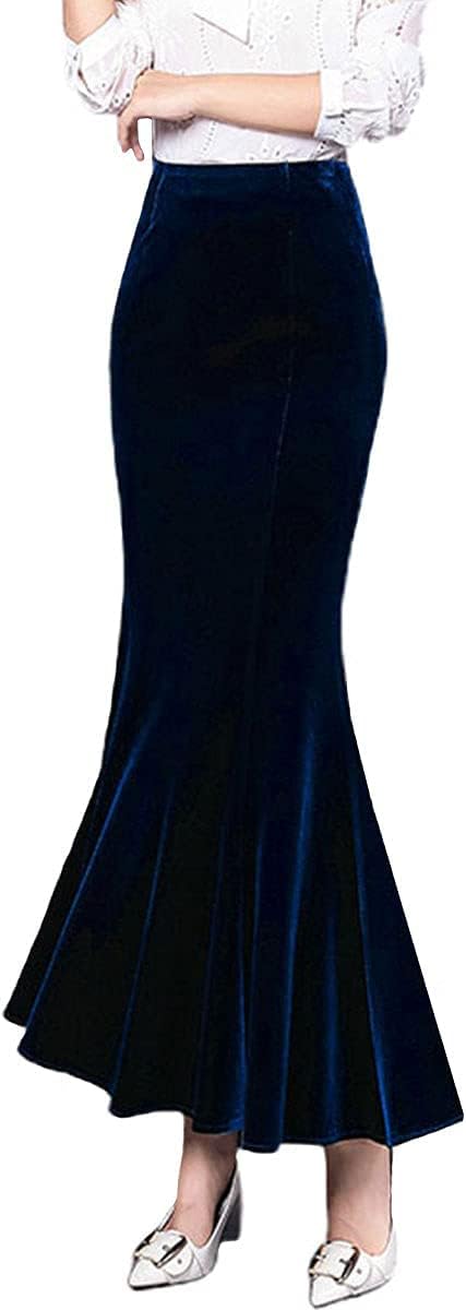 ebossy Women's High Waist Bodycon Velvet Fishtail Mermaid Maxi Skirt Evening Party