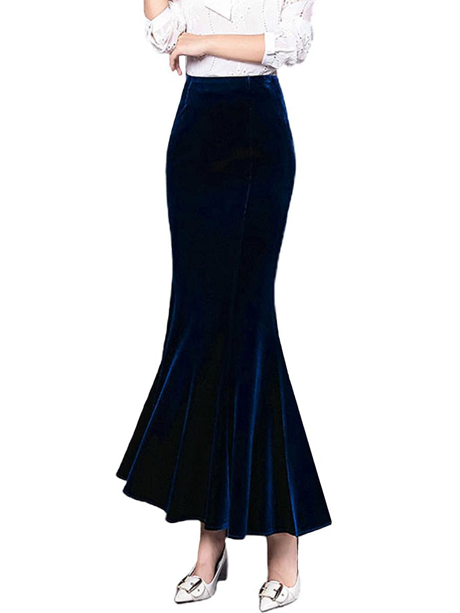 ebossy Women's High Waist Bodycon Velvet Fishtail Mermaid Maxi Skirt Evening Party