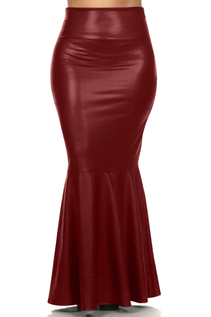 917 - Plus Size Faux Leather Pleated High Waist Maxi Mermaid Skirt