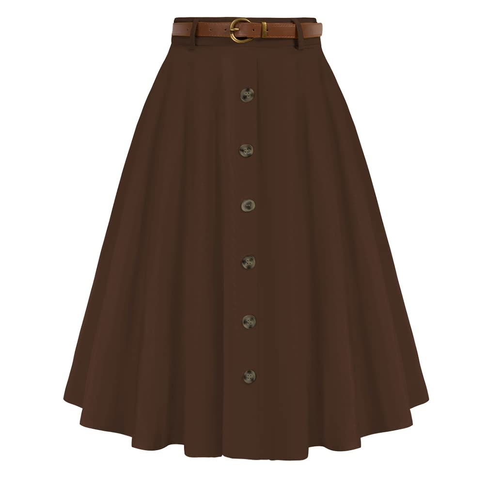 Belle Poque Women's Vintage Stretch High Waist A-Line Flared Midi Skirts with Pockets & Belts