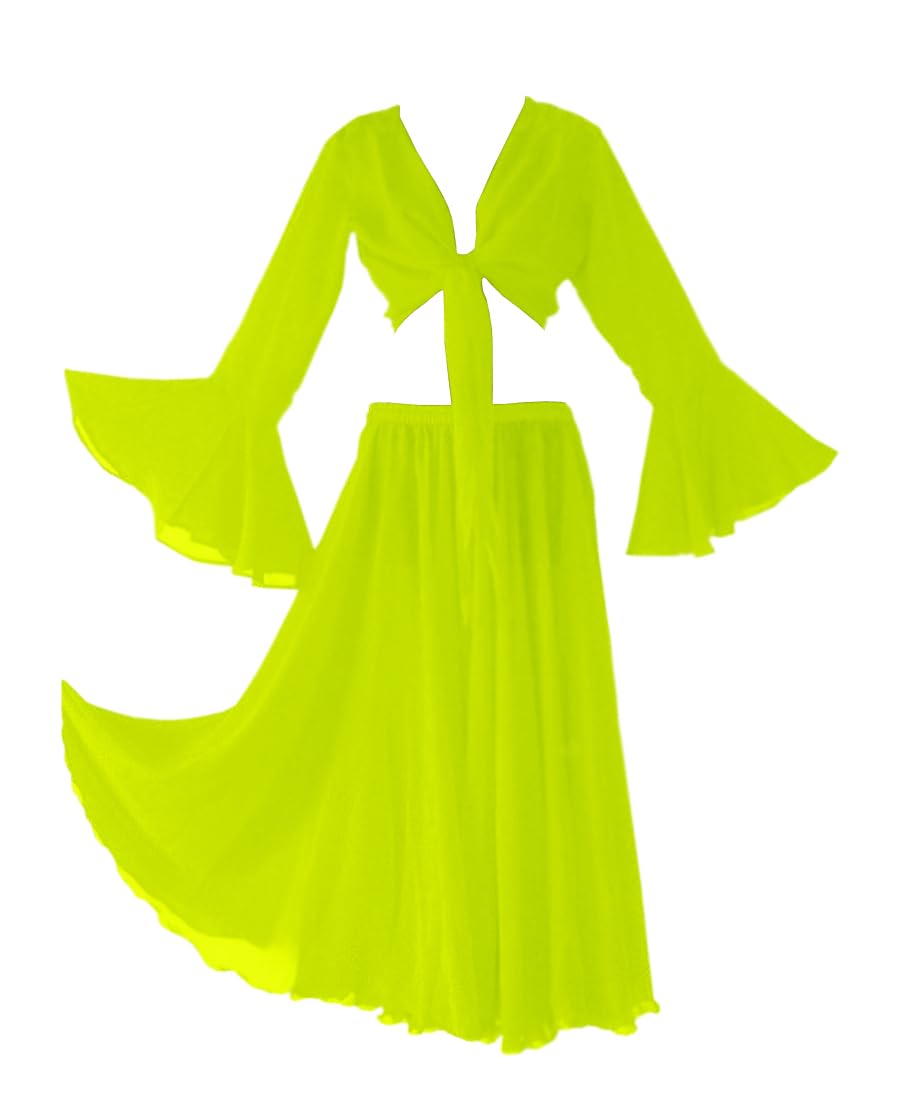 Indian Trendy Womens Chiffon Belly Dance Full Circle Skirt Ruffle Top Set Costume Dress
