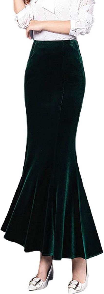 ebossy Women's High Waist Bodycon Velvet Fishtail Mermaid Maxi Skirt Evening Party