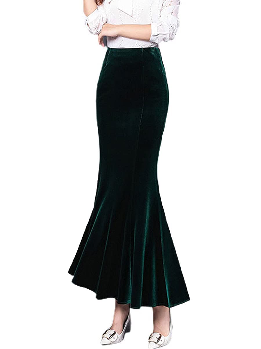 ebossy Women's High Waist Bodycon Velvet Fishtail Mermaid Maxi Skirt Evening Party