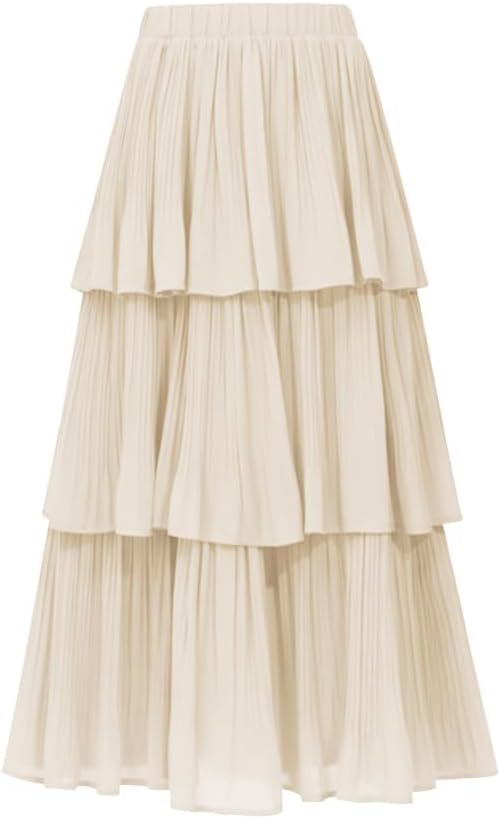 Women's Chiffon Tiered Ruffle Long Maxi Skirts Boho Elastic High Waist A-Line Flared Pleated Midi Skirt