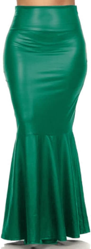 917 - Plus Size Faux Leather Pleated High Waist Maxi Mermaid Skirt