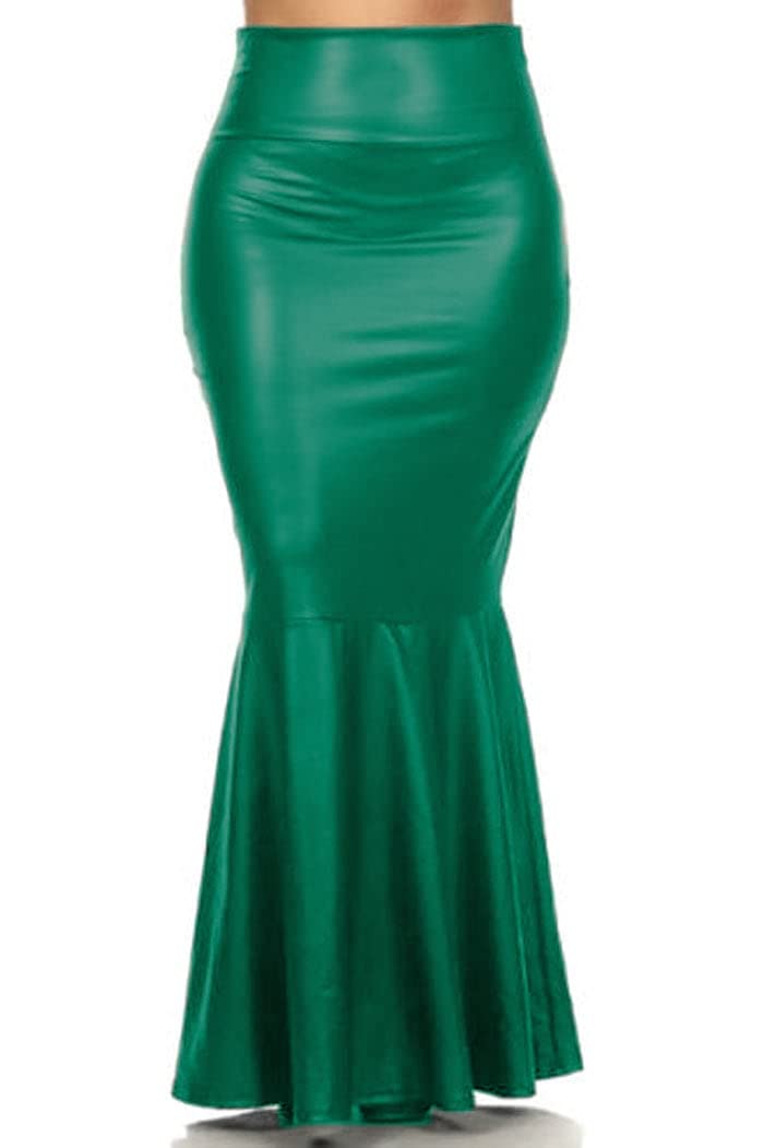 917 - Plus Size Faux Leather Pleated High Waist Maxi Mermaid Skirt