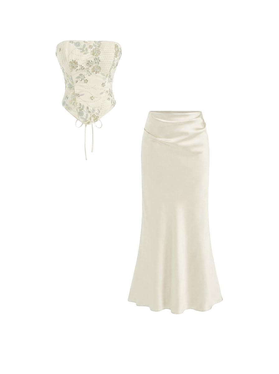 CIDER Lace Floral Corset Top Mermaid Maxi Skirt Set