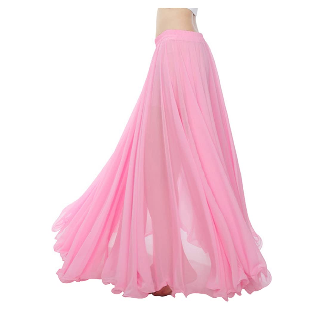 themilestocks Women Chiffon Maxi Skirt 9 Yard Hem Long Summer Mopping Dress Ankle-Length Elastic Pleated Retro Beach