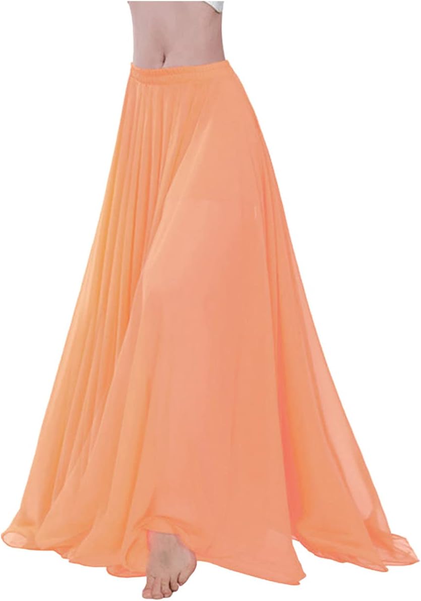 themilestocks Women Chiffon Maxi Skirt 9 Yard Hem Long Summer Mopping Dress Ankle-Length Elastic Pleated Retro Beach