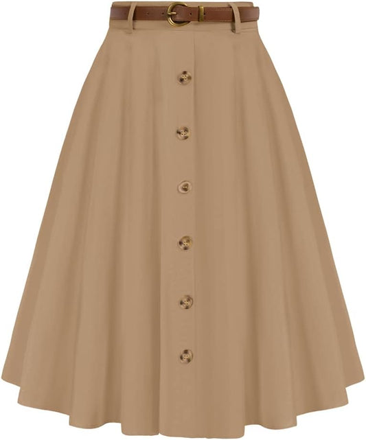 Belle Poque Women's Vintage Stretch High Waist A-Line Flared Midi Skirts with Pockets & Belts