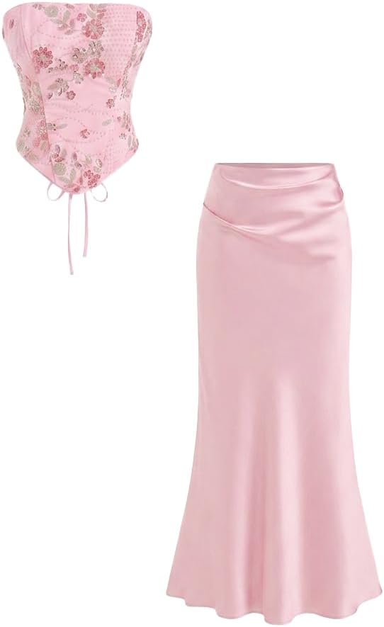 CIDER Lace Floral Corset Top Mermaid Maxi Skirt Set