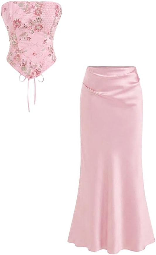 CIDER Lace Floral Corset Top Mermaid Maxi Skirt Set