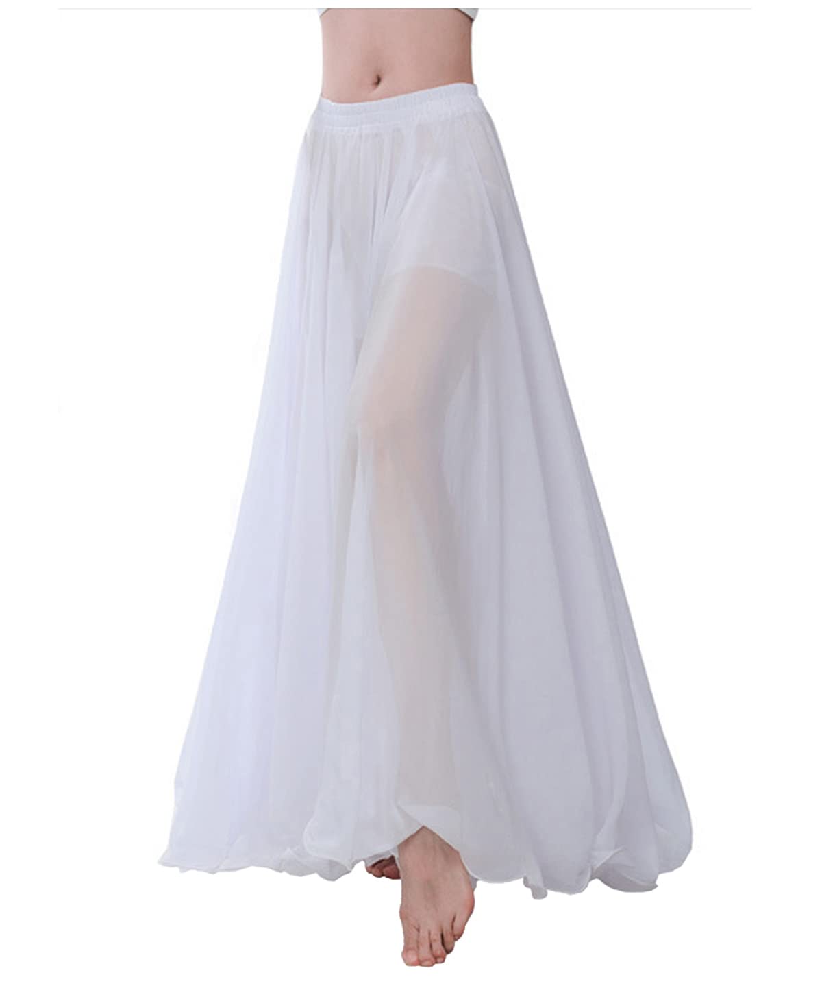 themilestocks Women Chiffon Maxi Skirt 9 Yard Hem Long Summer Mopping Dress Ankle-Length Elastic Pleated Retro Beach