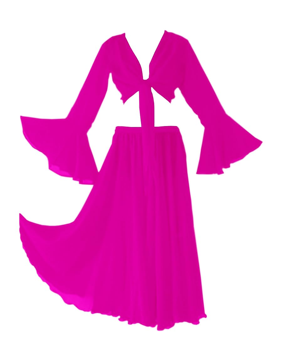 Indian Trendy Womens Chiffon Belly Dance Full Circle Skirt Ruffle Top Set Costume Dress