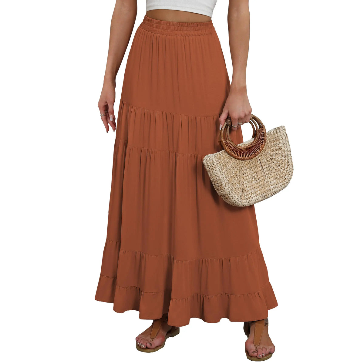ANRABESS Womens Maxi Skirt Elastic High Waist Swing Tiered A-line Flowy Pleated Boho Beach Vacation Long Skirts Summer Fit