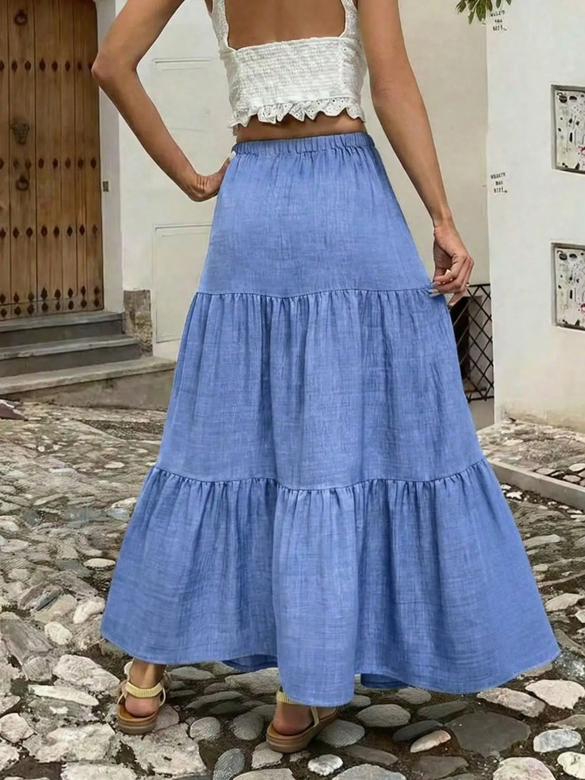 Women's Tiered Maxi Skirt with Drawstring Waist, Non-Stretch Fabric for Casual Daily Wear
