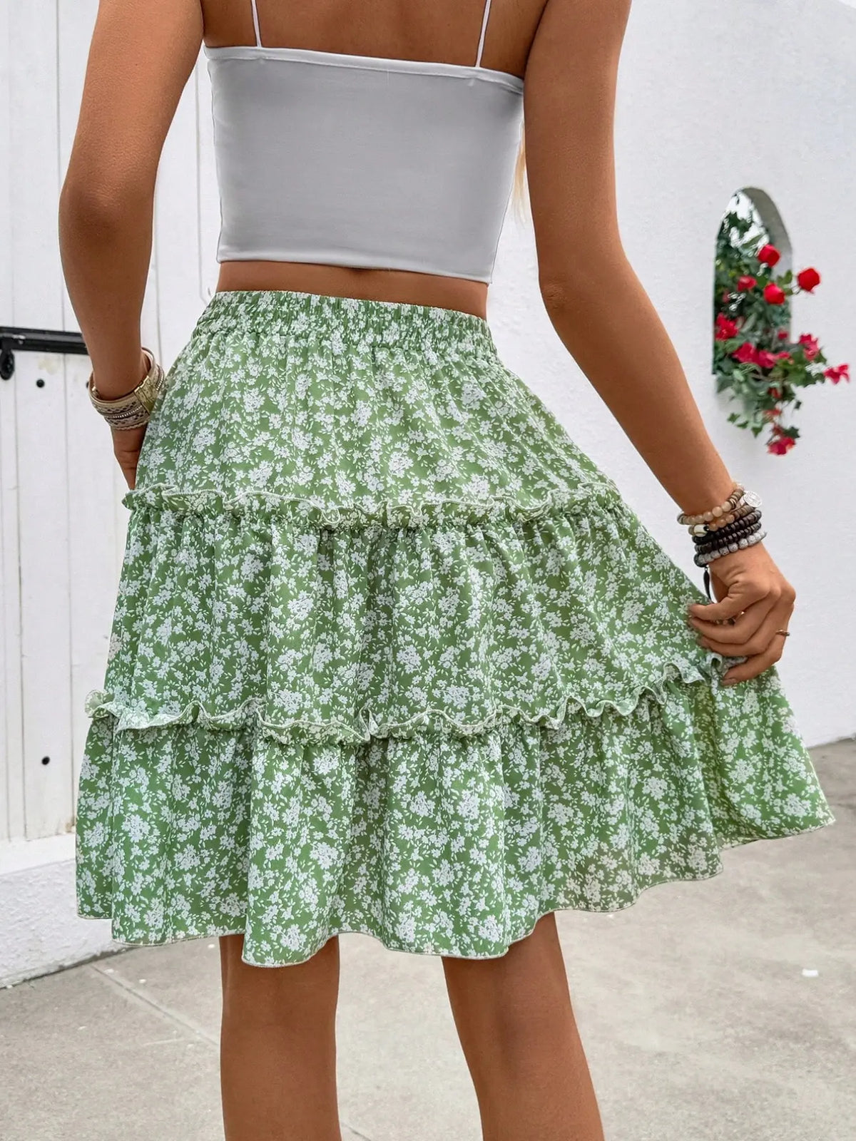 Women's Ditsy Floral Layered Midi Skirt, Adjustable Drawstring Elastic Waist, Flowy Ruffle Hem, Feminine Casual Elegant Design, Perfect for Daily Wear, Floral Skirts